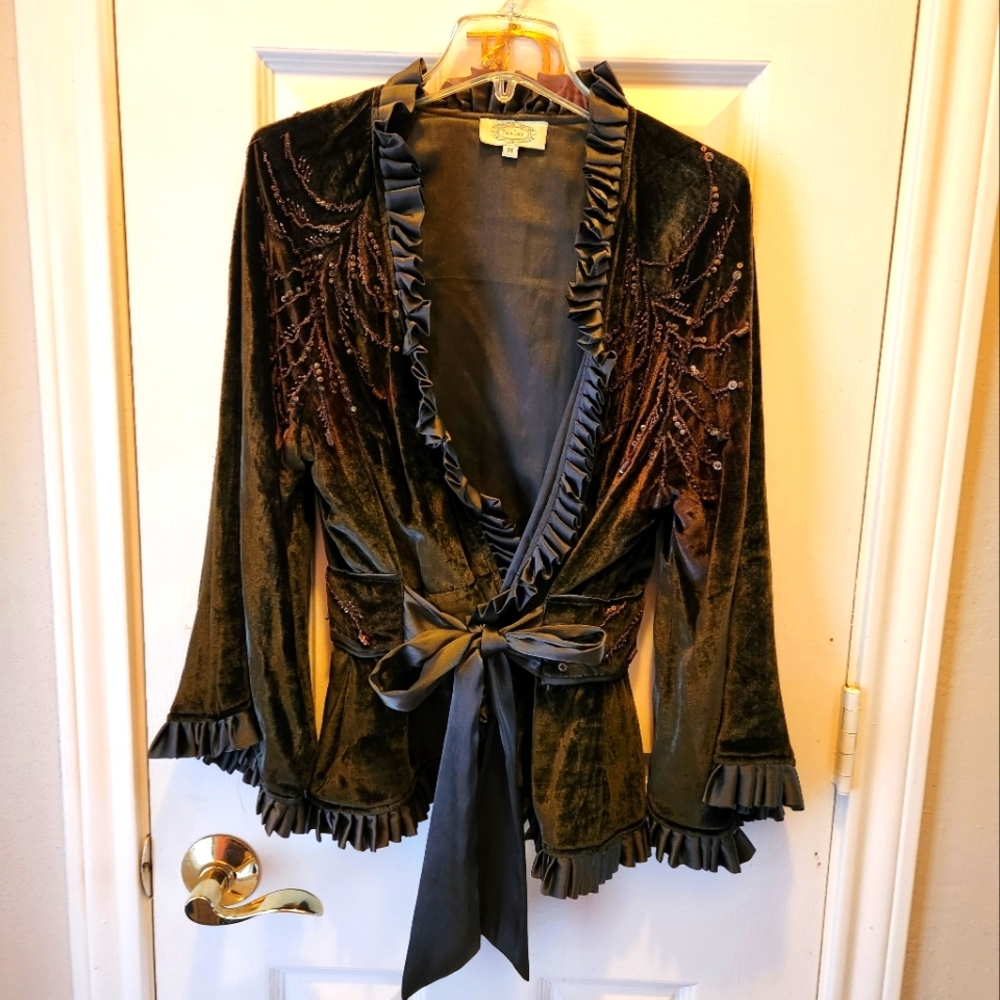 Vintage Velvet Beaded Tie Front Jacket